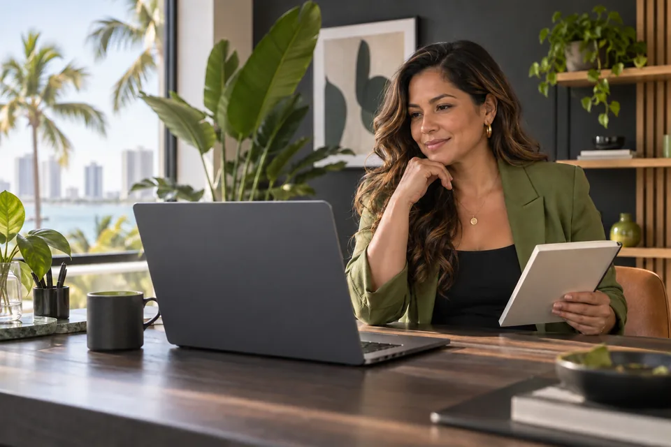 Illustrative scene of a small-business owner reviewing her website and planning work in a sunny office.