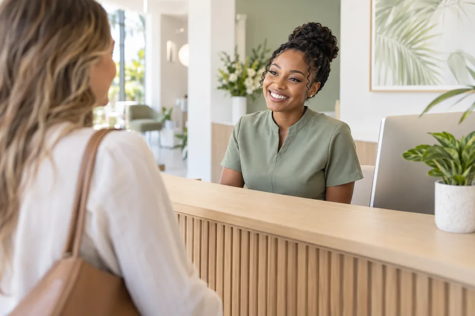 Illustrative scene of a dental receptionist welcoming a visitor at the front desk.