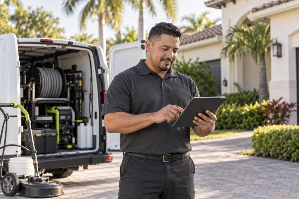 Illustrative scene of an exterior-care business owner reviewing a schedule beside his service van.